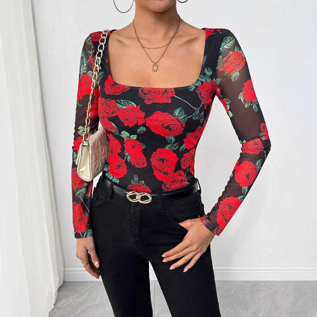 Women's French romantic rose flower mesh printing sexy U - neck T-shirt - Negative Apparel