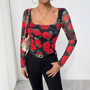 Women's French romantic rose flower mesh printing sexy U - neck T-shirt - Negative Apparel