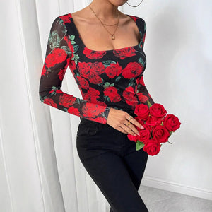 Women's French romantic rose flower mesh printing sexy U - neck T-shirt - Negative Apparel