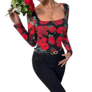 Women's French romantic rose flower mesh printing sexy U - neck T-shirt - Negative Apparel