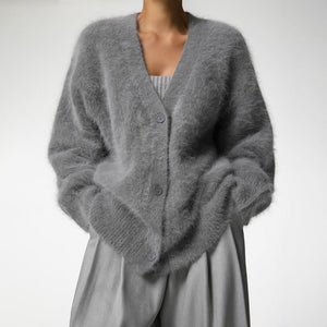 Women’s Gold Mink V - Neck Cardigan | Soft Nylon Retro Sweater | Loose Fit Button Front | Autumn 2023 Fashion - Negative Apparel