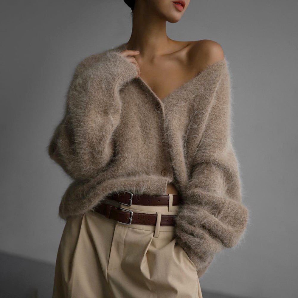 Women’s Gold Mink V - Neck Cardigan | Soft Nylon Retro Sweater | Loose Fit Button Front | Autumn 2023 Fashion - Negative Apparel