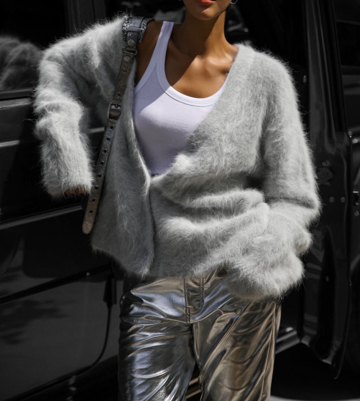 Women’s Gold Mink V - Neck Cardigan | Soft Nylon Retro Sweater | Loose Fit Button Front | Autumn 2023 Fashion - Negative Apparel