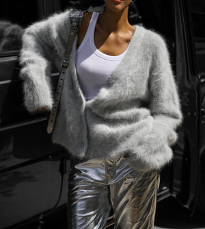 Women’s Gold Mink V - Neck Cardigan | Soft Nylon Retro Sweater | Loose Fit Button Front | Autumn 2023 Fashion - Negative Apparel