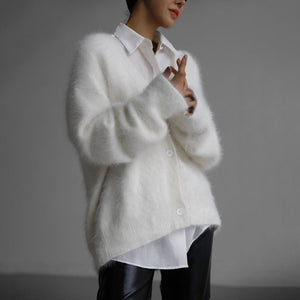 Women’s Gold Mink V - Neck Cardigan | Soft Nylon Retro Sweater | Loose Fit Button Front | Autumn 2023 Fashion - Negative Apparel