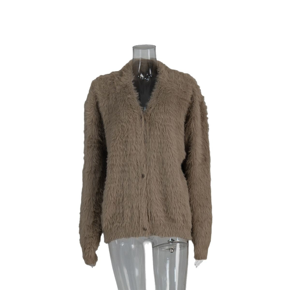 Women’s Gold Mink V - Neck Cardigan | Soft Nylon Retro Sweater | Loose Fit Button Front | Autumn 2023 Fashion - Negative Apparel