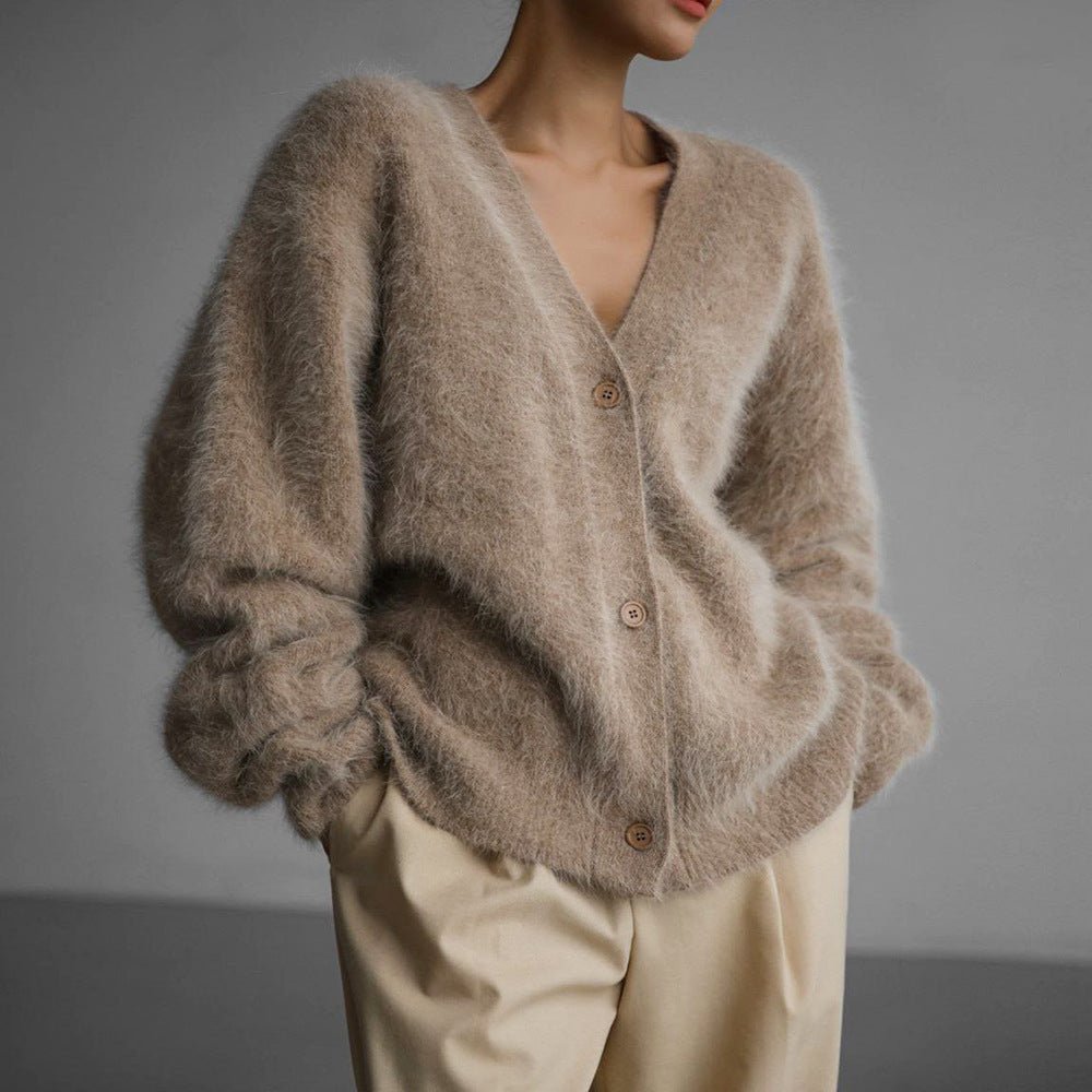 Women’s Gold Mink V - Neck Cardigan | Soft Nylon Retro Sweater | Loose Fit Button Front | Autumn 2023 Fashion - Negative Apparel