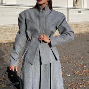 Women’s Grey Casual Skirt Suit Set – Japanese & Korean Style Long Sleeve Two - Piece Outfit with Button Detail - Negative Apparel