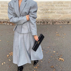 Women’s Grey Casual Skirt Suit Set – Japanese & Korean Style Long Sleeve Two - Piece Outfit with Button Detail - Negative Apparel