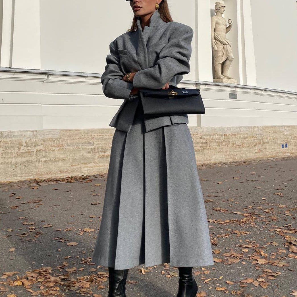 Women’s Grey Casual Skirt Suit Set – Japanese & Korean Style Long Sleeve Two - Piece Outfit with Button Detail - Negative Apparel