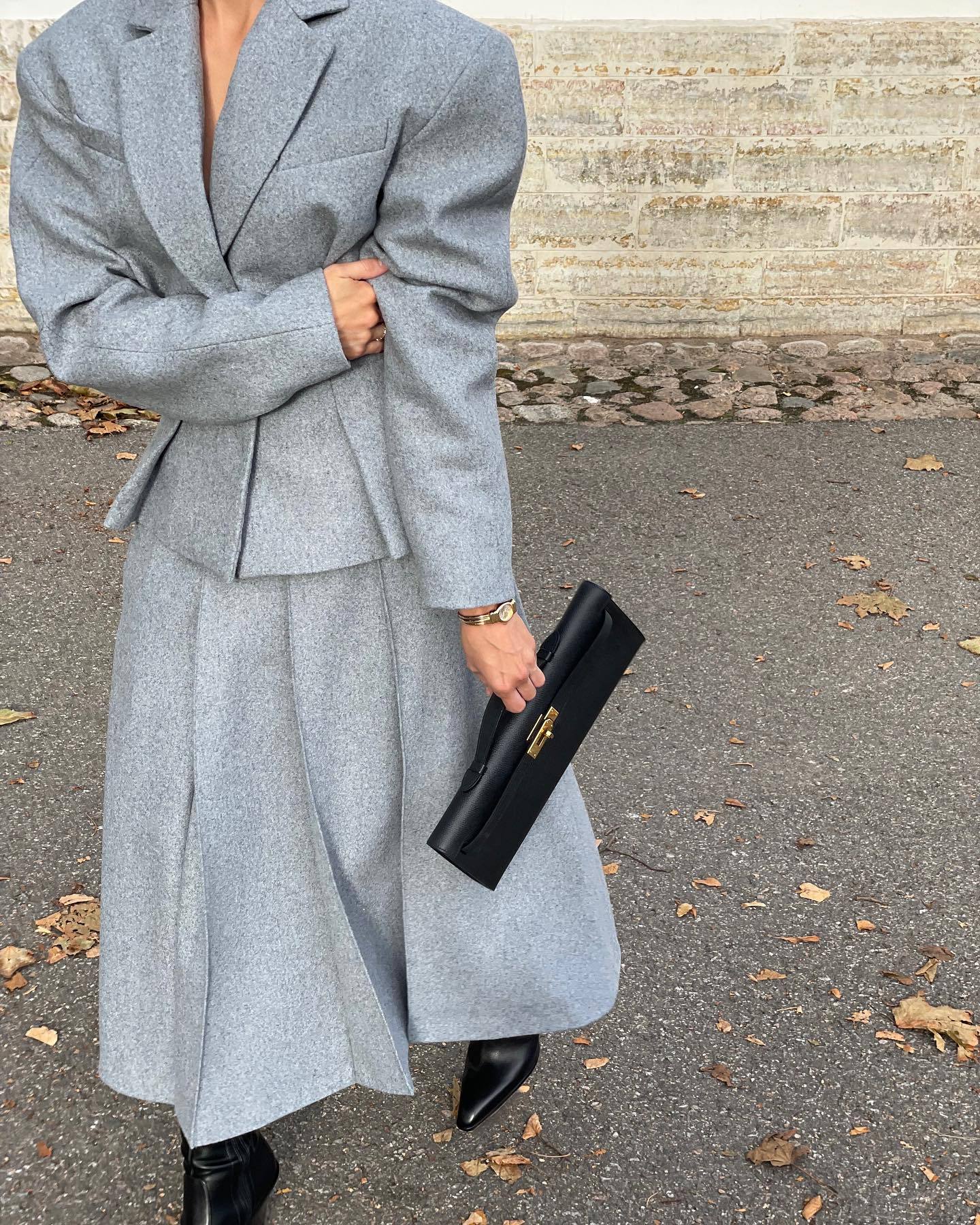 Women’s Grey Casual Skirt Suit Set – Japanese & Korean Style Long Sleeve Two - Piece Outfit with Button Detail - Negative Apparel