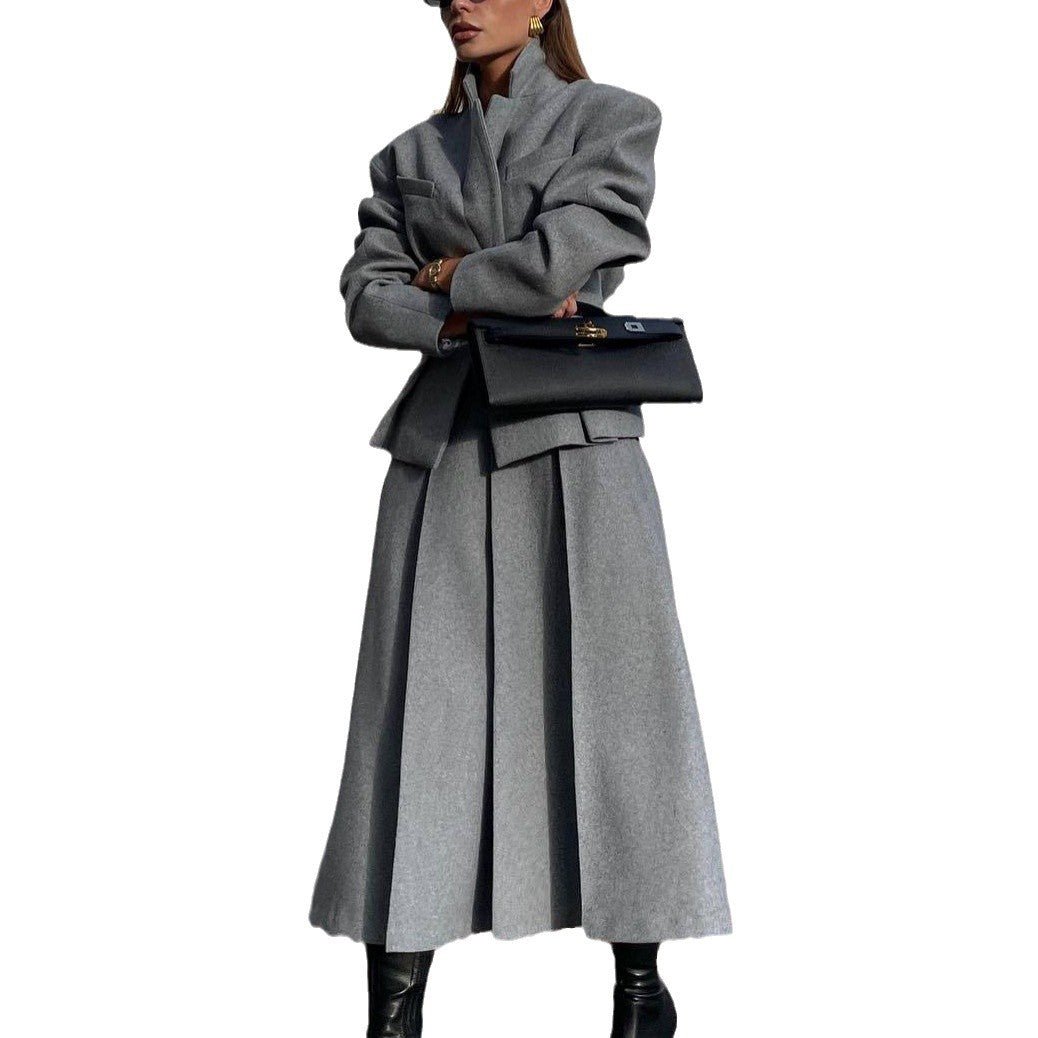 Women’s Grey Casual Skirt Suit Set – Japanese & Korean Style Long Sleeve Two - Piece Outfit with Button Detail - Negative Apparel