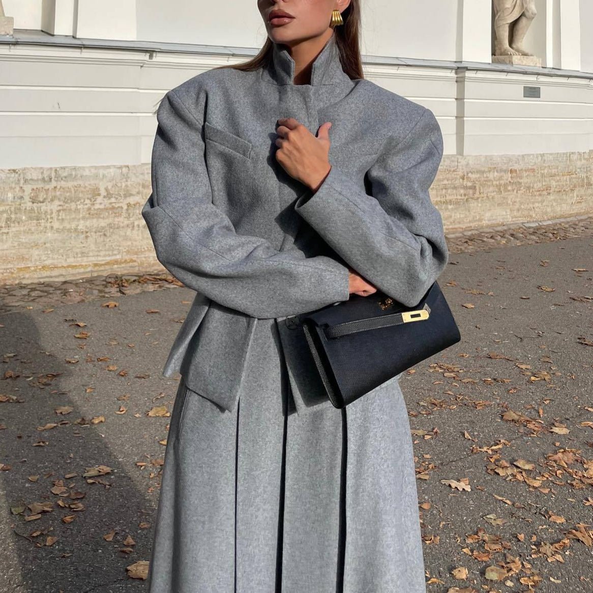 Women’s Grey Casual Skirt Suit Set – Japanese & Korean Style Long Sleeve Two - Piece Outfit with Button Detail - Negative Apparel