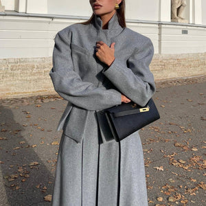 Women’s Grey Casual Skirt Suit Set – Japanese & Korean Style Long Sleeve Two - Piece Outfit with Button Detail - Negative Apparel