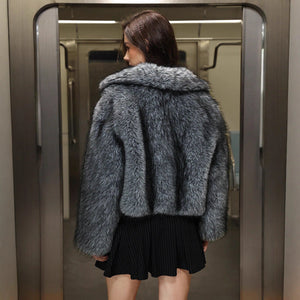 Women’s Grey Faux Fur Lapel Jacket – Short Plush Coat with Imitation Fur Collar - Negative Apparel