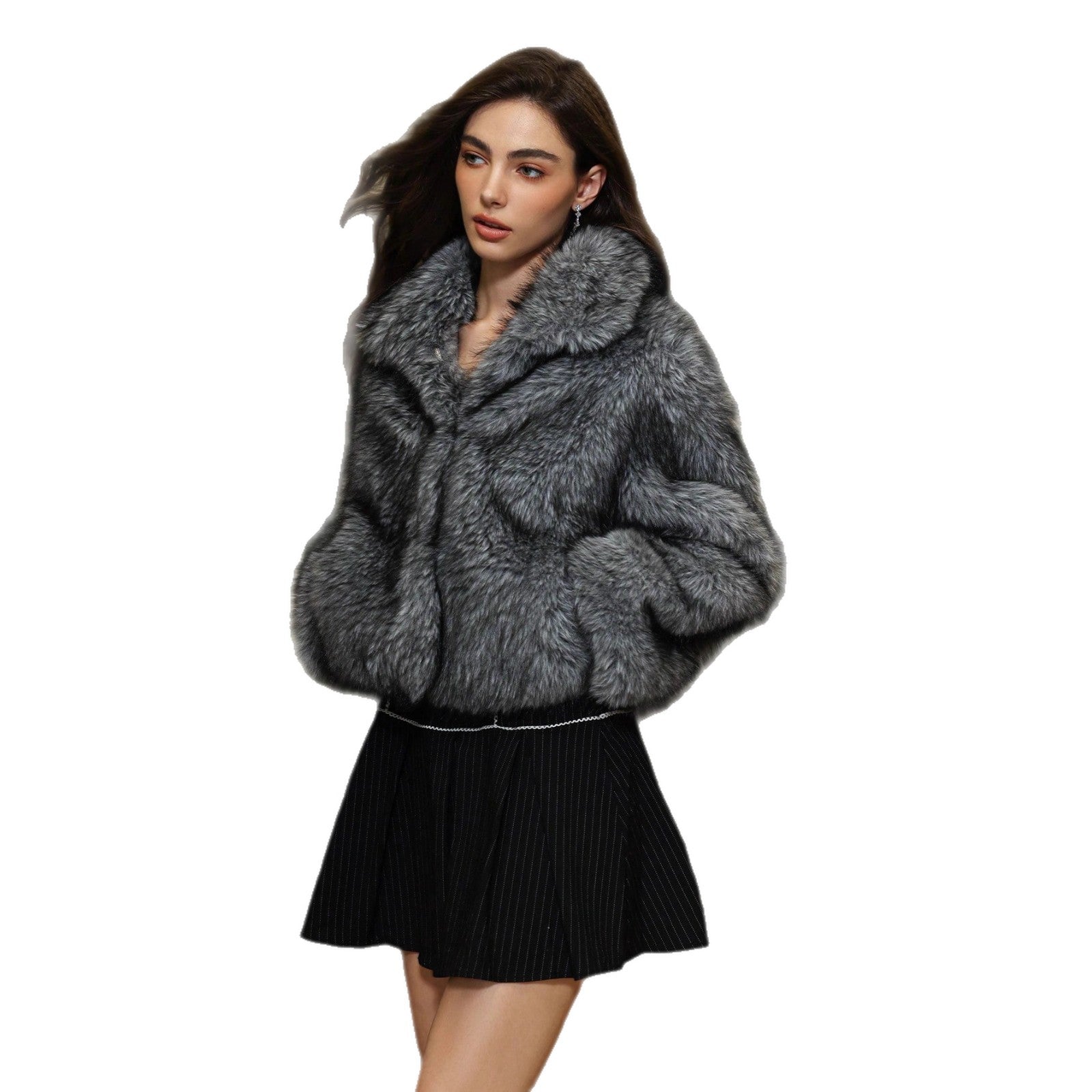 Women’s Grey Faux Fur Lapel Jacket – Short Plush Coat with Imitation Fur Collar - Negative Apparel