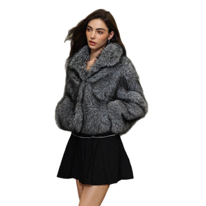 Women’s Grey Faux Fur Lapel Jacket – Short Plush Coat with Imitation Fur Collar - Negative Apparel