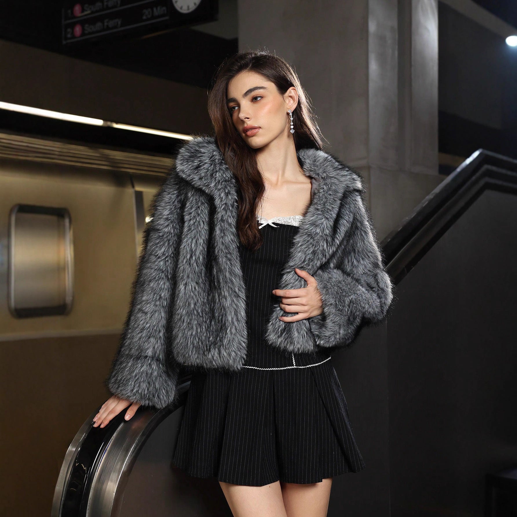 Women’s Grey Faux Fur Lapel Jacket – Short Plush Coat with Imitation Fur Collar - Negative Apparel