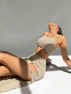 Women's Halter Neck Hollow Out Top And High Slit Hem Skirt Set - Negative Apparel