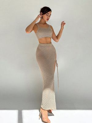 Women's Halter Neck Hollow Out Top And High Slit Hem Skirt Set - Negative Apparel