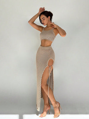 Women's Halter Neck Hollow Out Top And High Slit Hem Skirt Set - Negative Apparel