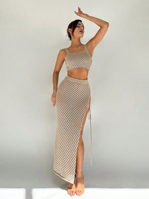 Women's Halter Neck Hollow Out Top And High Slit Hem Skirt Set - Negative Apparel