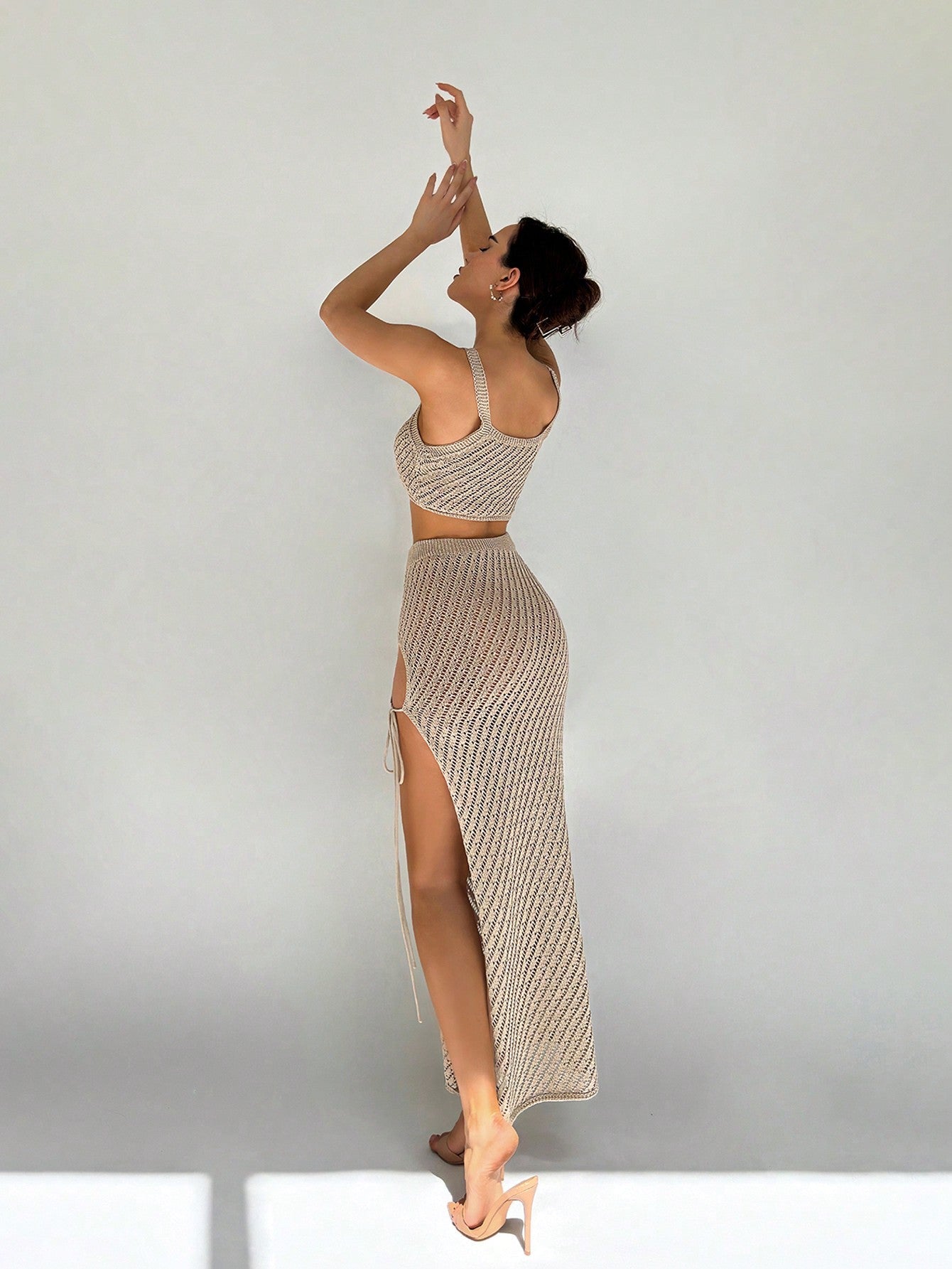 Women's Halter Neck Hollow Out Top And High Slit Hem Skirt Set - Negative Apparel