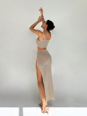 Women's Halter Neck Hollow Out Top And High Slit Hem Skirt Set - Negative Apparel