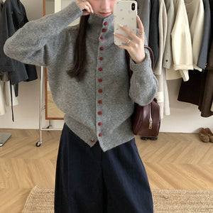 Women’s High Collar Wool Blend Cardigan | Loose Korean Style Color - Contrast Sweater - Negative Apparel