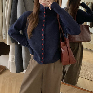 Women’s High Collar Wool Blend Cardigan | Loose Korean Style Color - Contrast Sweater - Negative Apparel