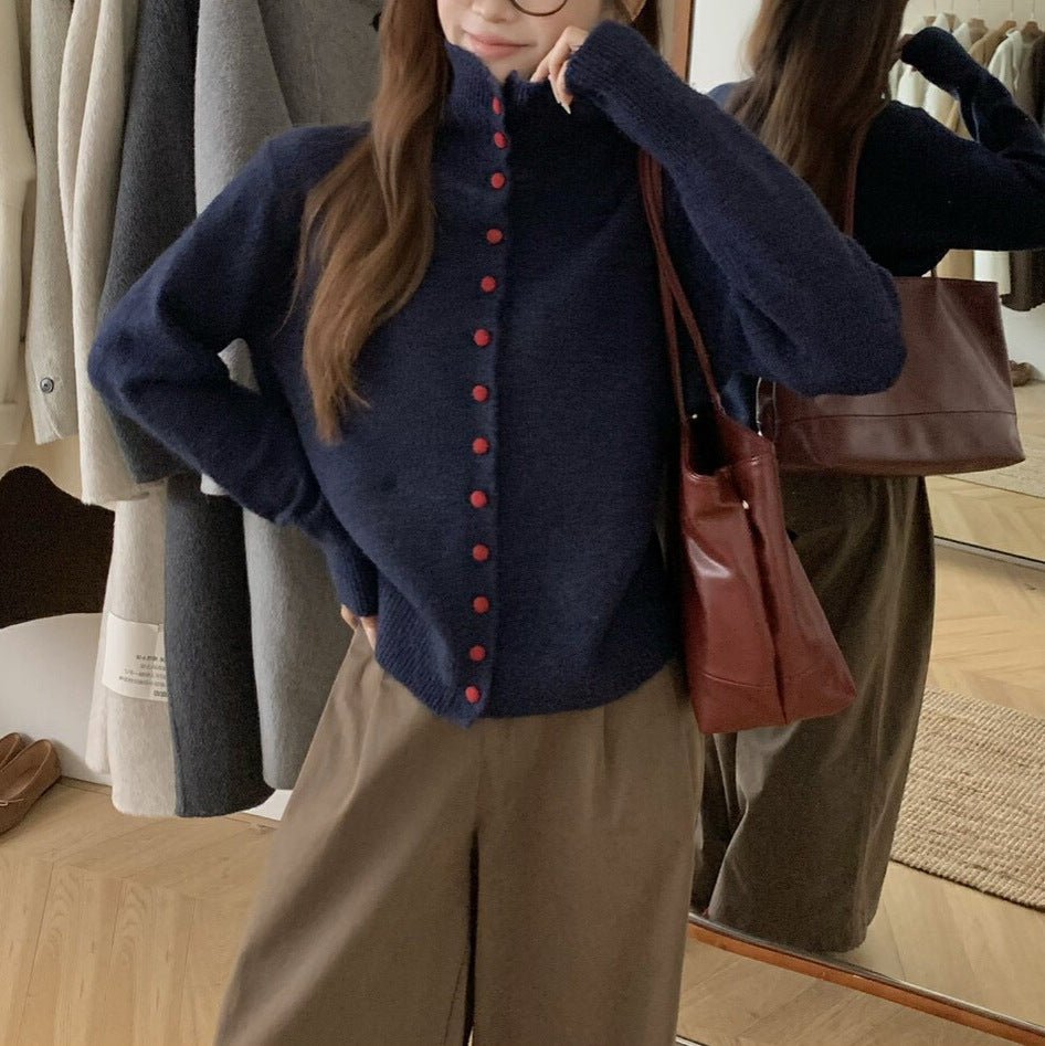 Women’s High Collar Wool Blend Cardigan | Loose Korean Style Color - Contrast Sweater - Negative Apparel