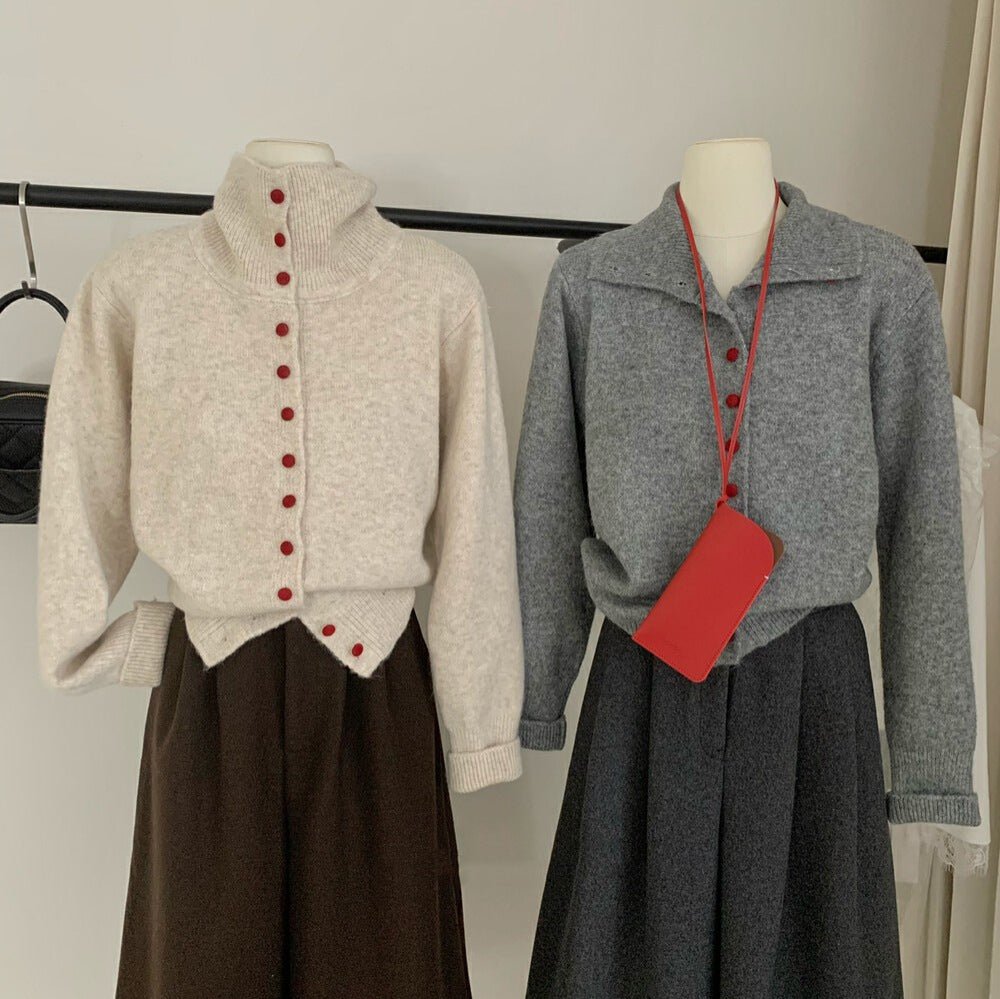 Women’s High Collar Wool Blend Cardigan | Loose Korean Style Color - Contrast Sweater - Negative Apparel