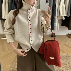 Women’s High Collar Wool Blend Cardigan | Loose Korean Style Color - Contrast Sweater - Negative Apparel
