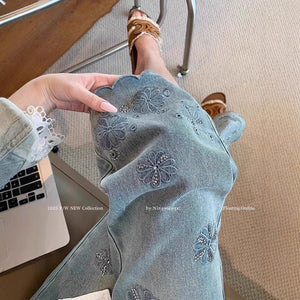 Women’s High - Waist Blue Denim Jeans – Embroidered Straight - Leg Nine - Point Pants | Spring 2025 Royal Sister Style | Micro Stretch Cotton Denim - Negative Apparel