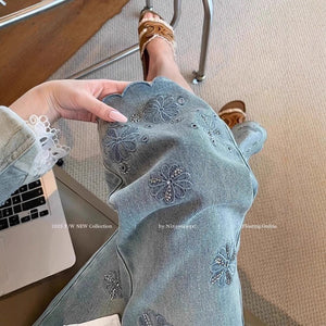 Women’s High - Waist Blue Denim Jeans – Embroidered Straight - Leg Nine - Point Pants | Spring 2025 Royal Sister Style | Micro Stretch Cotton Denim - Negative Apparel
