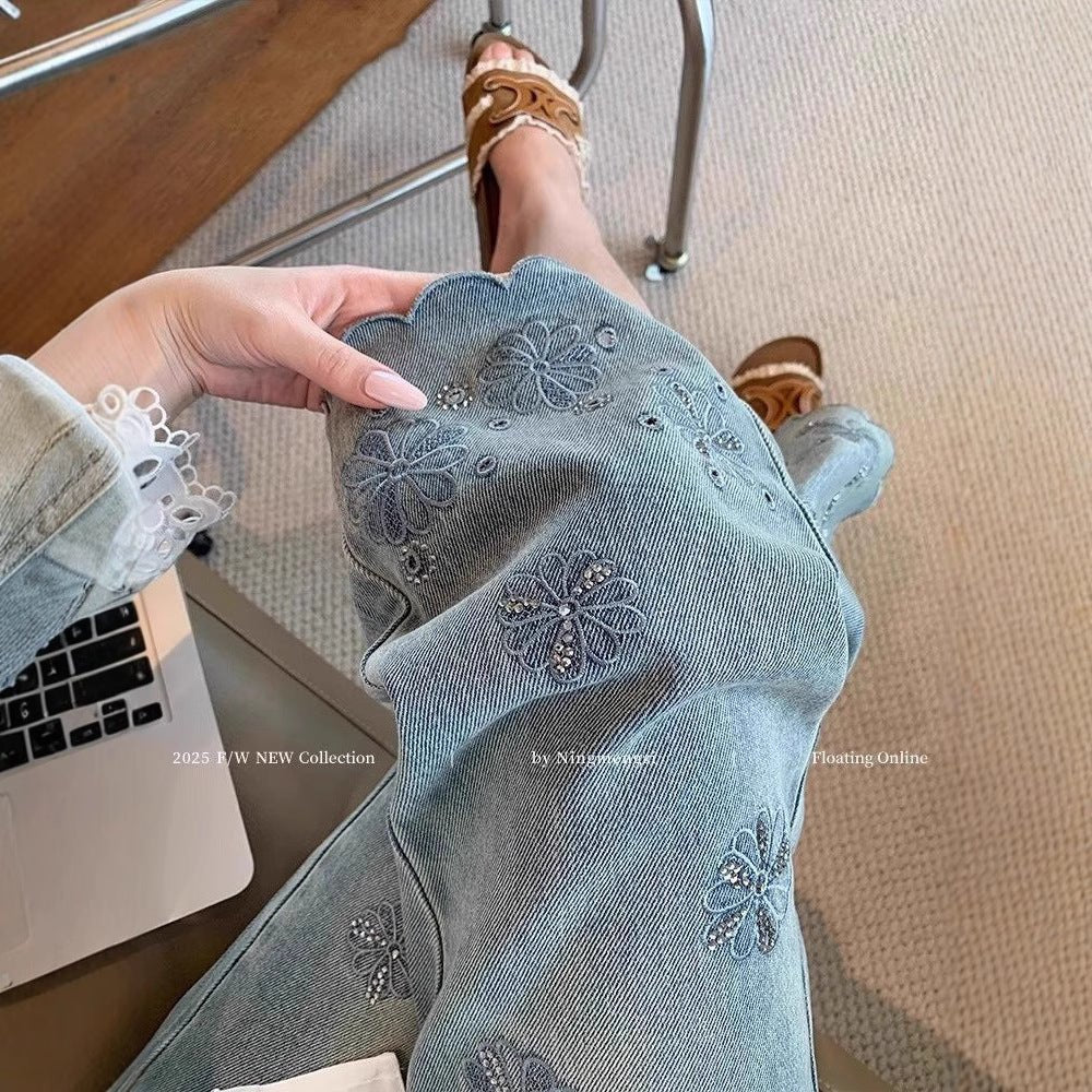 Women’s High - Waist Blue Denim Jeans – Embroidered Straight - Leg Nine - Point Pants | Spring 2025 Royal Sister Style | Micro Stretch Cotton Denim - Negative Apparel