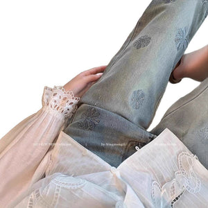 Women’s High - Waist Blue Denim Jeans – Embroidered Straight - Leg Nine - Point Pants | Spring 2025 Royal Sister Style | Micro Stretch Cotton Denim - Negative Apparel