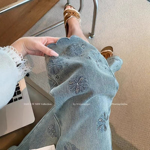 Women’s High - Waist Blue Denim Jeans – Embroidered Straight - Leg Nine - Point Pants | Spring 2025 Royal Sister Style | Micro Stretch Cotton Denim - Negative Apparel