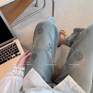 Women’s High - Waist Blue Denim Jeans – Embroidered Straight - Leg Nine - Point Pants | Spring 2025 Royal Sister Style | Micro Stretch Cotton Denim - Negative Apparel