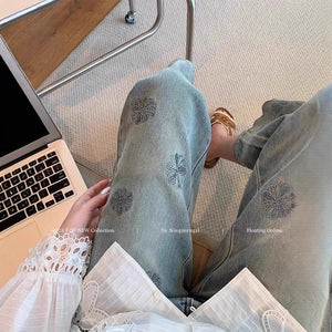 Women’s High - Waist Blue Denim Jeans – Embroidered Straight - Leg Nine - Point Pants | Spring 2025 Royal Sister Style | Micro Stretch Cotton Denim - Negative Apparel