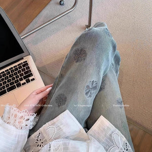 Women’s High - Waist Blue Denim Jeans – Embroidered Straight - Leg Nine - Point Pants | Spring 2025 Royal Sister Style | Micro Stretch Cotton Denim - Negative Apparel