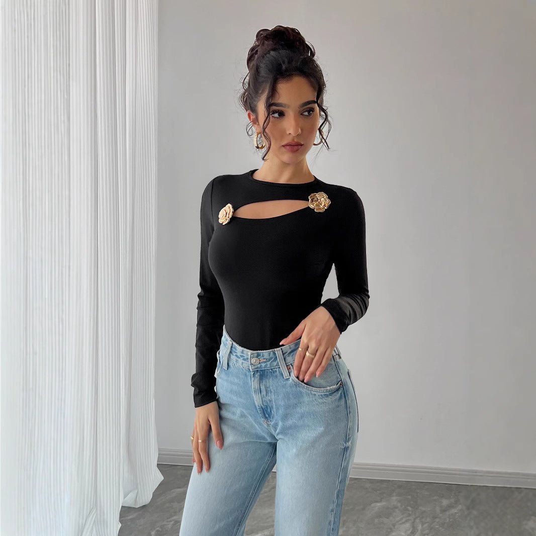Women's hollow rose metal decoration black tight long - sleeved T-shirt top - Negative Apparel