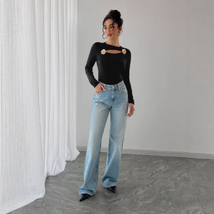 Women's hollow rose metal decoration black tight long - sleeved T-shirt top - Negative Apparel