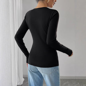 Women's hollow rose metal decoration black tight long - sleeved T-shirt top - Negative Apparel