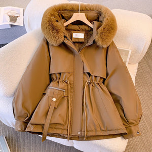 Women’s Hooded Cotton Coat with Faux Fur Collar – Slim Fit Winter Jacket | Medium - Long Japanese & Korean Casual Style - Negative Apparel