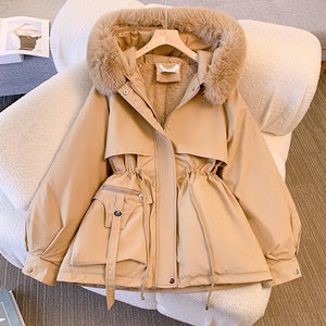 Women’s Hooded Cotton Coat with Faux Fur Collar – Slim Fit Winter Jacket | Medium - Long Japanese & Korean Casual Style - Negative Apparel