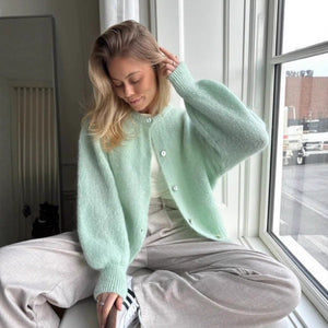 Women’s Ice Cream Color Mohair Cardigan | Soft Pastel Knit Sweater | Korean Style Thick Button - Up Autumn 2025 - Negative Apparel