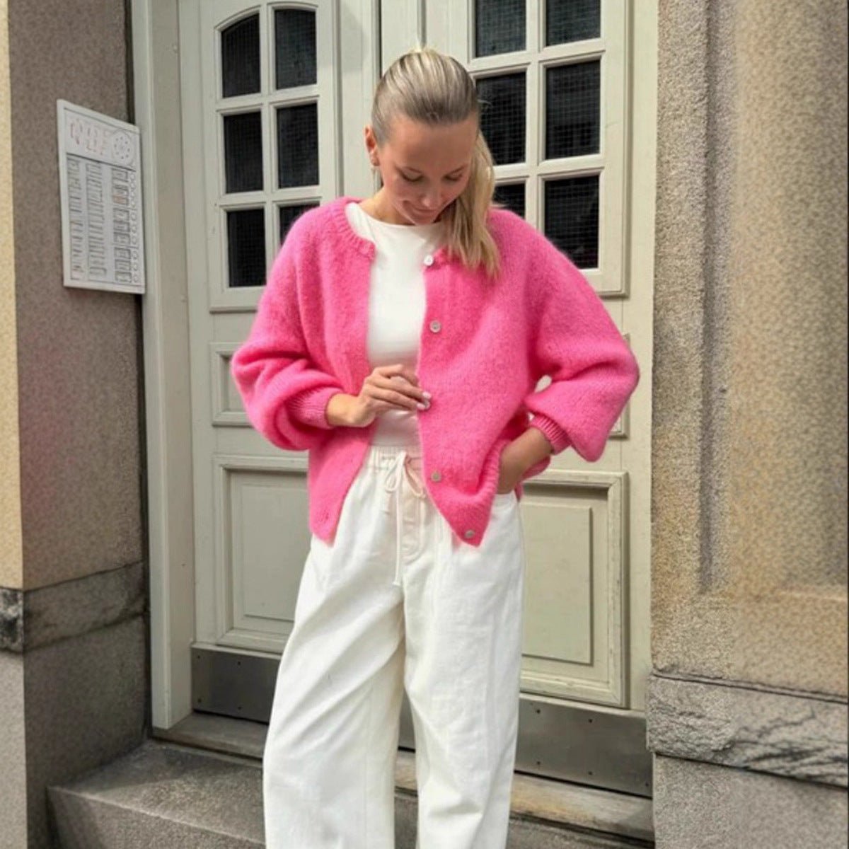 Women’s Ice Cream Color Mohair Cardigan | Soft Pastel Knit Sweater | Korean Style Thick Button - Up Autumn 2025 - Negative Apparel