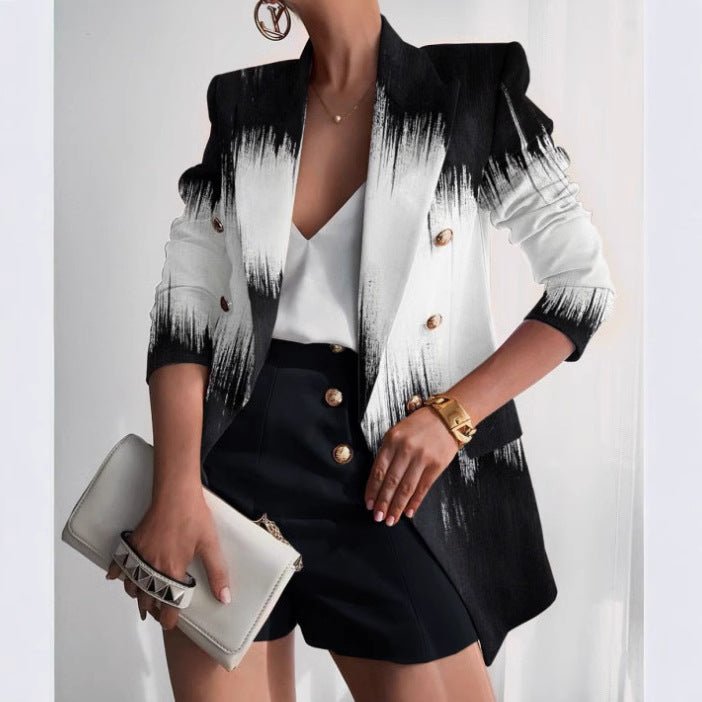 Women's jacket season printed small suit slim fit fashion short double - breasted tops for women - Negative Apparel