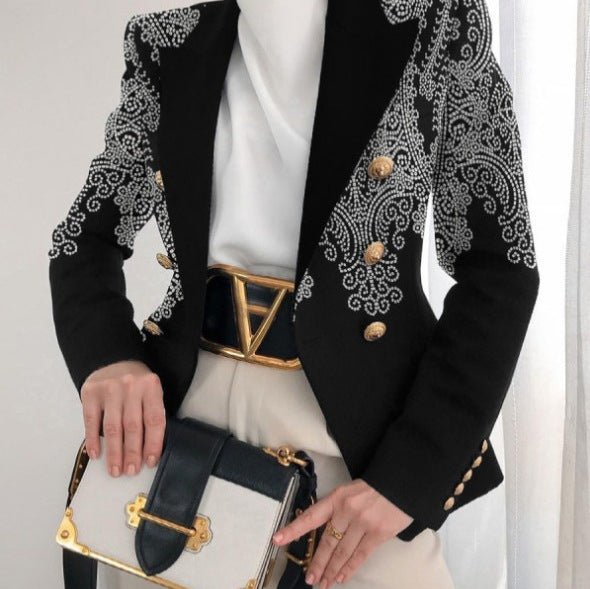 Women's jacket season printed small suit slim fit fashion short double - breasted tops for women - Negative Apparel